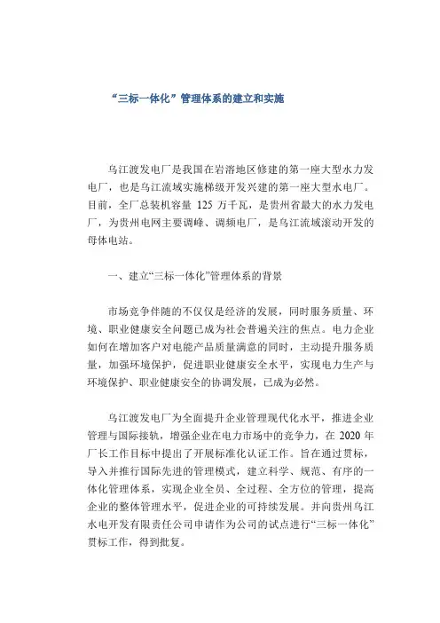 安全管理体系： “三标一体化”管理体系的建立和实施