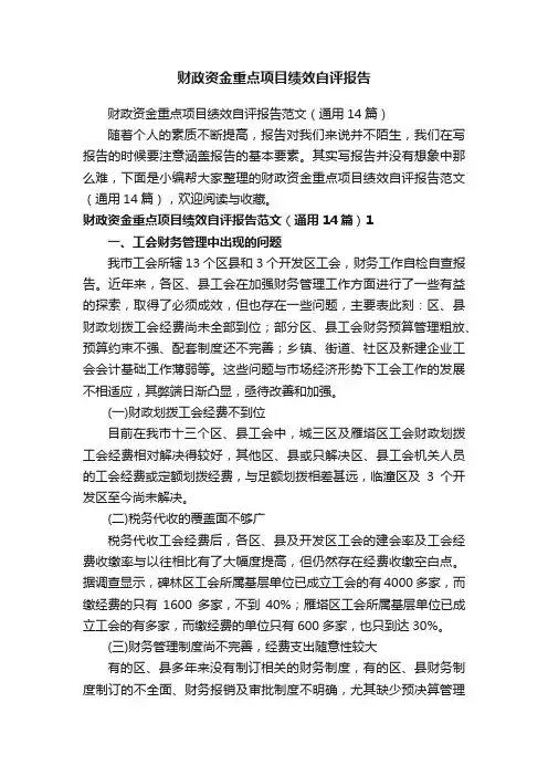 财政资金重点项目绩效自评报告范文（通用14篇）