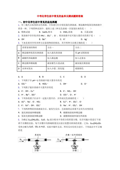 中考化学生活中常见的盐单元测试题附答案