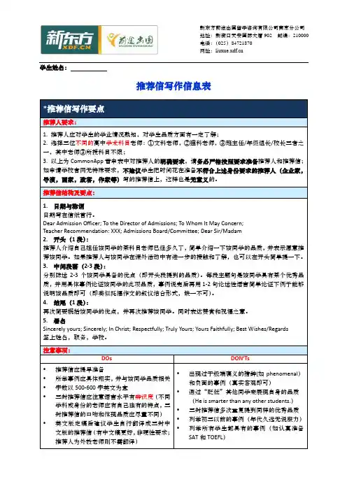 美本+推荐信写作信息表(新版)