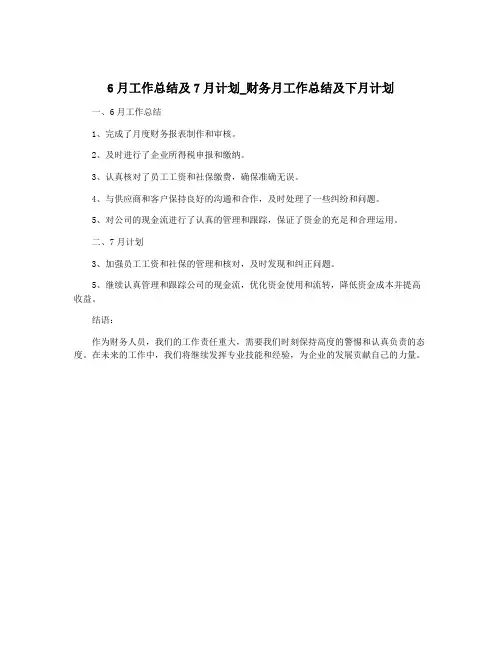6月工作总结及7月计划_财务月工作总结及下月计划