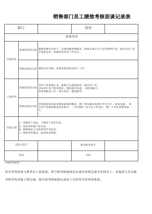 销售部门员工绩效考核面谈记录表