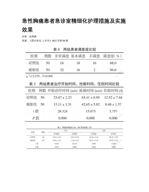 急性胸痛患者急诊室精细化护理措施及实施效果 