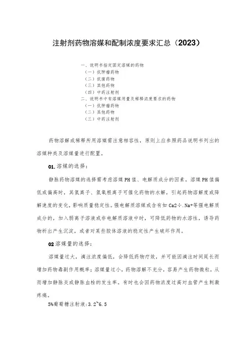 注射剂药物溶媒和配制浓度要求汇总(2023)