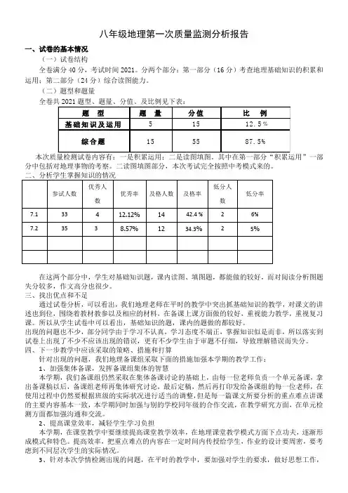 八年级地理第一次质量监测分析报告