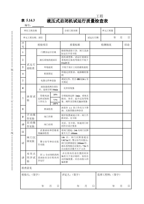 表 5.14.3液压式启闭机试运行质量检查表