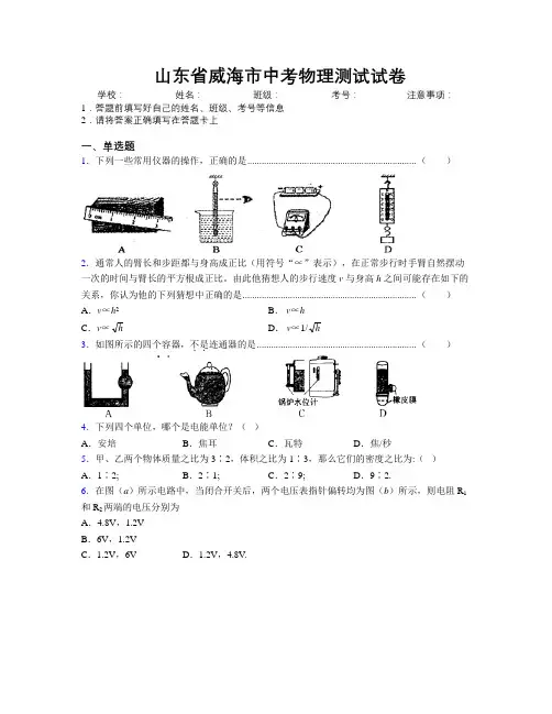 最新山东省威海市中考物理测试试卷及解析