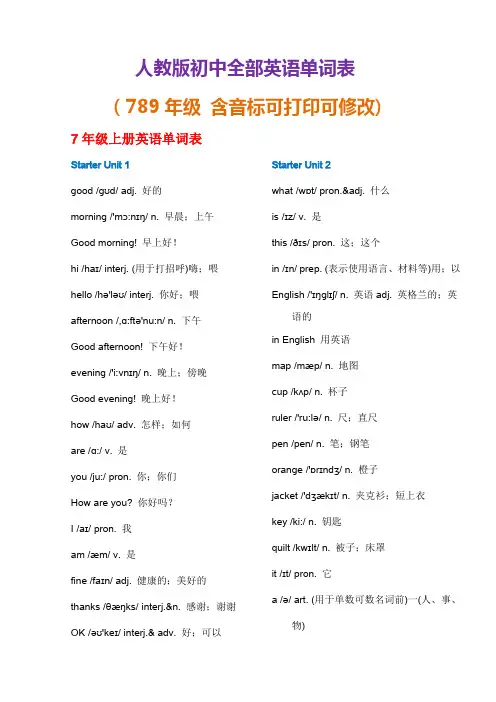 初中全部英语单词表(789年级-含音标可打印可修改)