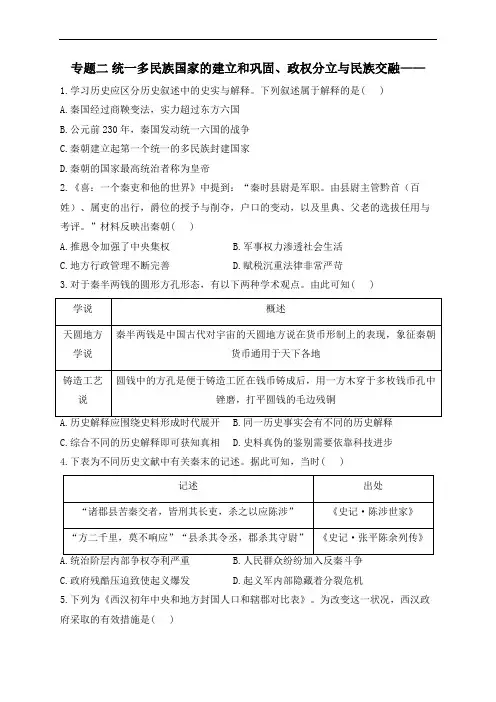 专题二 统一多民族国家的建立和巩固、政权分立与民族交融