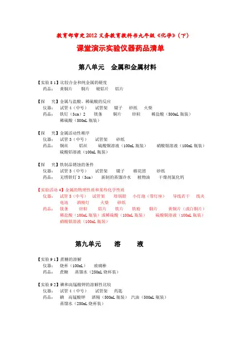 课堂演示实验仪器药品清单(下)