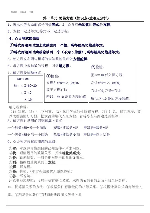 苏教版五年级下册  第1单元  简易方程 知识点+重难点提升