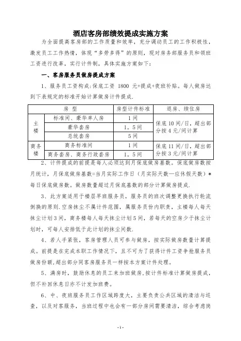 酒店客房部绩效提成方案