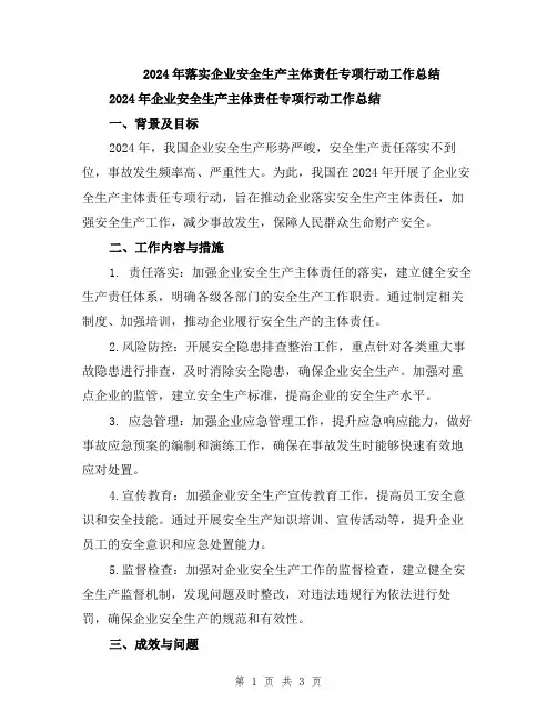 2024年落实企业安全生产主体责任专项行动工作总结