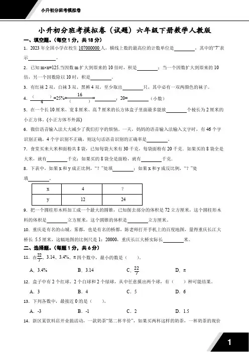 小升初分班考模拟卷(试题)2023-2024学年六年级下册数学人教版