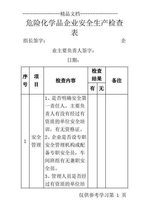 危险化学品企业安全生产检查表