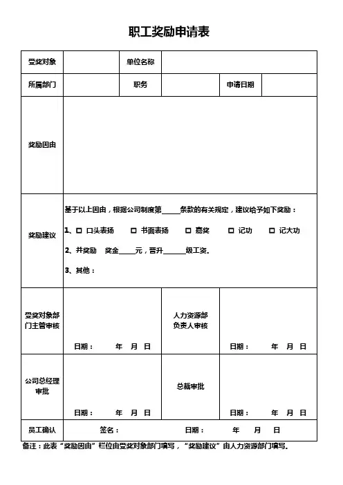职工奖励申请表模板