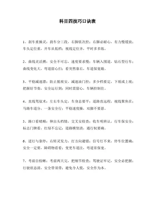 科目四技巧口诀表
