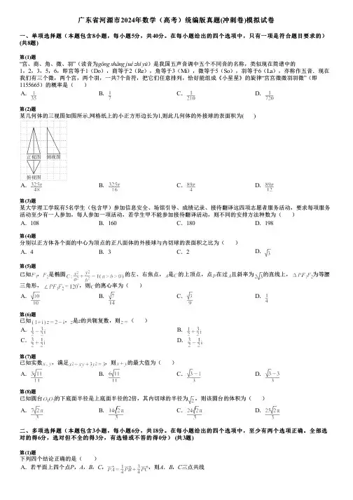 广东省河源市2024年数学(高考)统编版真题(冲刺卷)模拟试卷