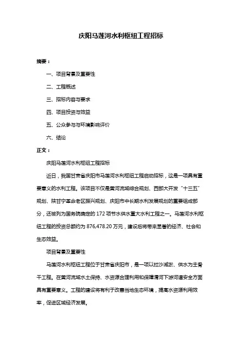 庆阳马莲河水利枢纽工程招标