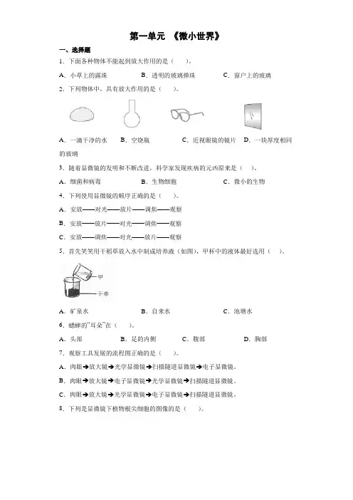 教科版科学六年级上册第一单元  微小世界单元测试含答案