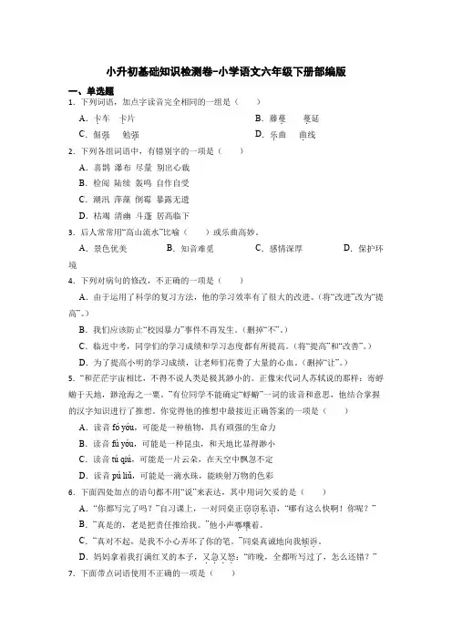 小升初基础知识检测卷-2022-2023学年语文六年级下册(部编版)