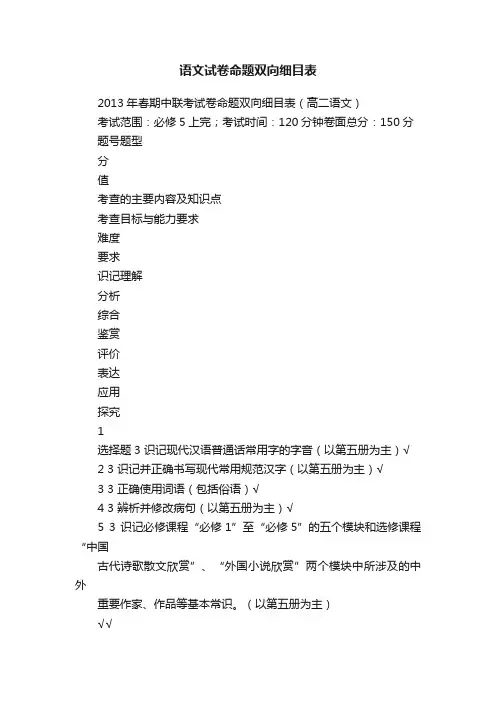 语文试卷命题双向细目表