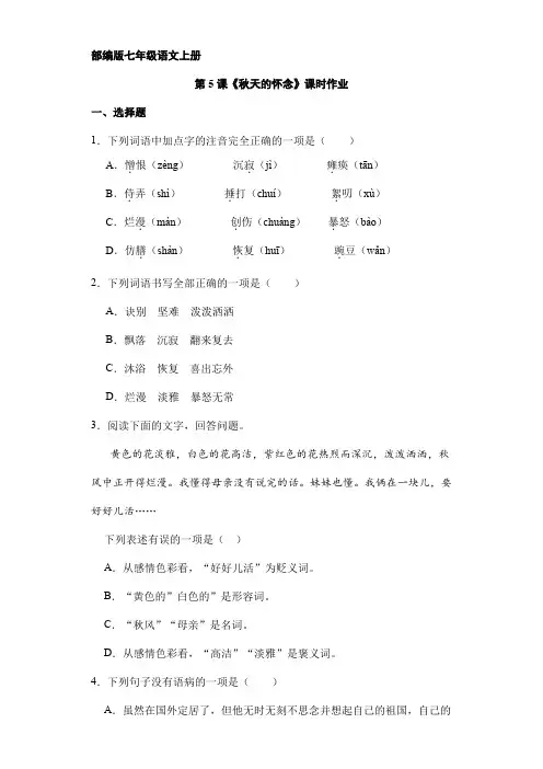 2023-2024人教部编版初中语文七年级上册第二单元第5课《秋天的怀念》课时作业04