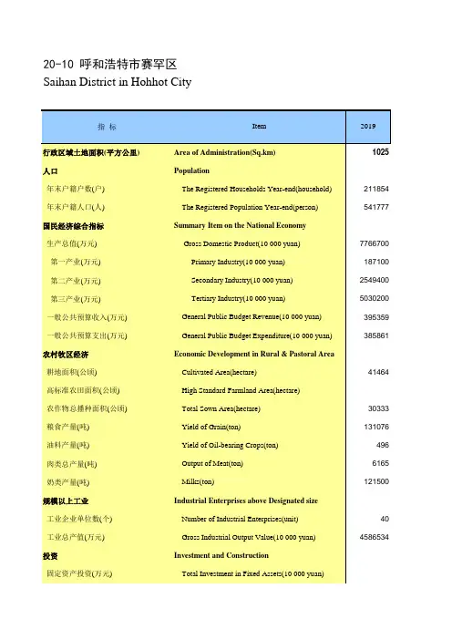 内蒙古统计年鉴2020社会经济发展指标：呼浩特市赛罕区