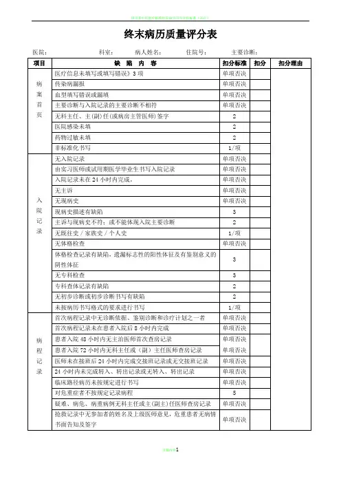 终末病历质量评分表
