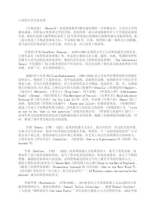 英美文学主要作家及其作品