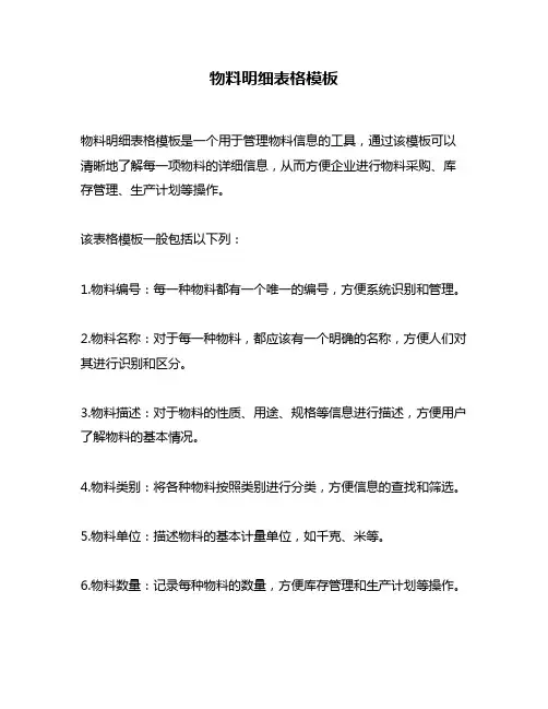 物料明细表格模板