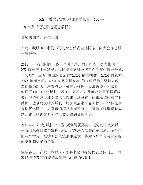 XX市委书记述职述廉述学报告