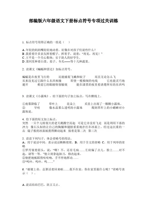 部编版六年级语文下册标点符号专项过关训练