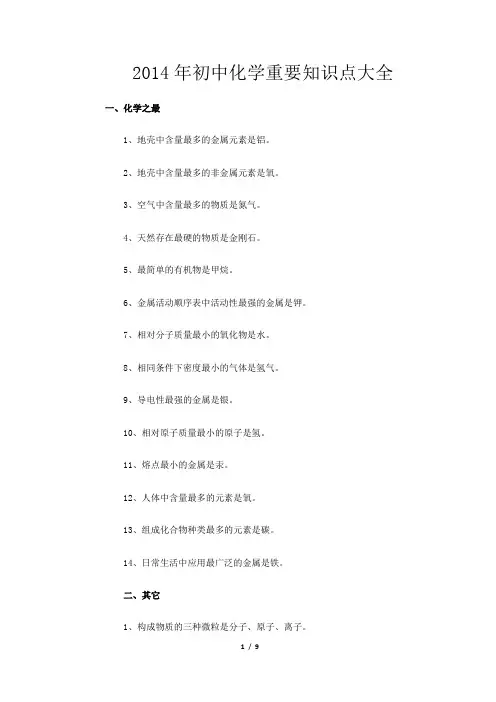 2014年初中化学重要知识点大全