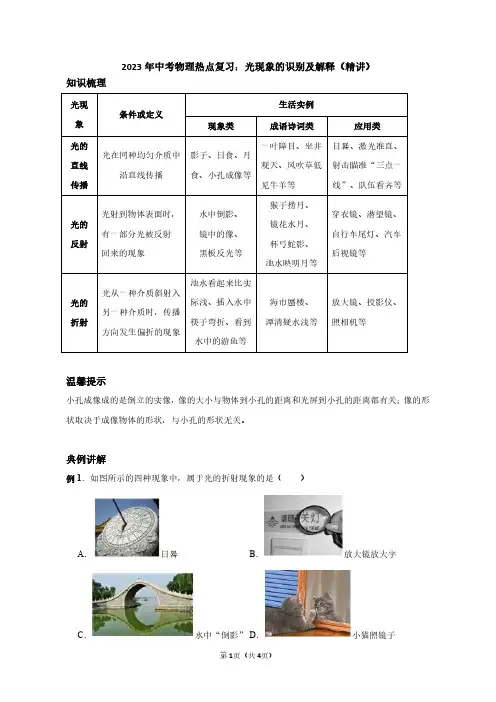 2023年中考物理热点复习：光现象的识别及解释(教师版)