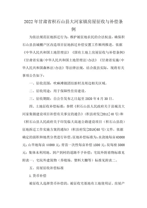 2022年甘肃省积石山县大河家镇房屋征收与补偿条例