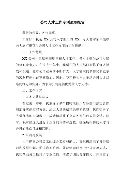 公司人才工作专项述职报告