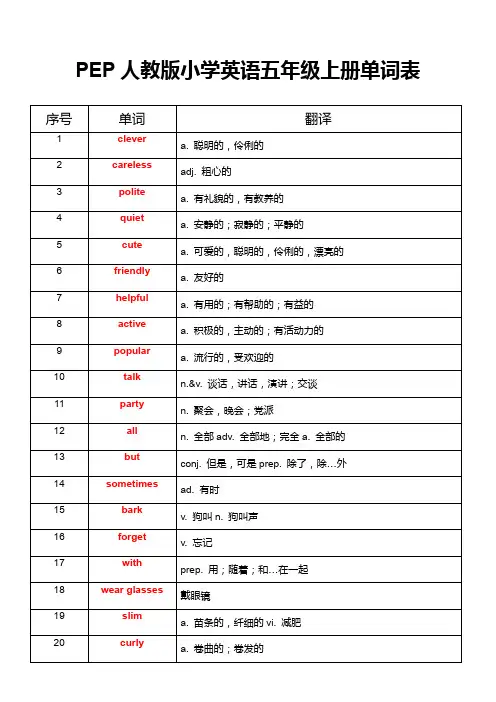 PEP人教版小学英语五年级上册单词表