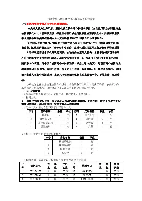冠县食品药品监督管理局仪器设备招标参数