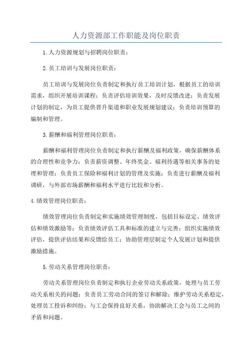 人力资源部工作职能及岗位职责