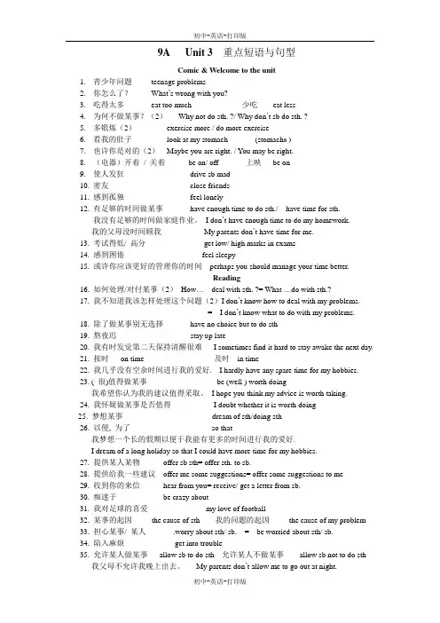牛津译林版-英语-九上-牛津英语9上3单元重点短语与句型