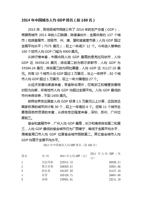 2014年中国城市人均GDP排名（前160名）