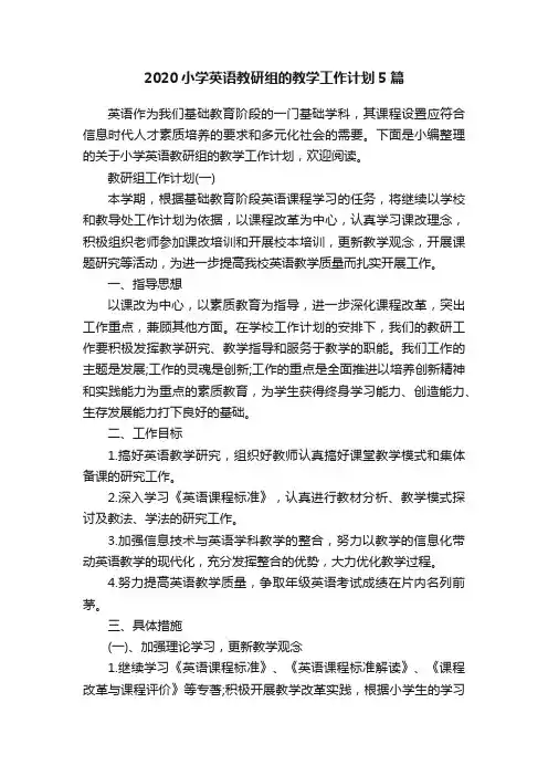 2020小学英语教研组的教学工作计划5篇