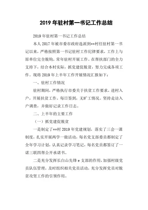 2019年驻村第一书记工作总结