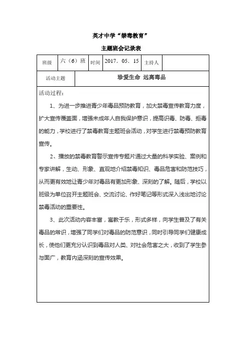 6、6禁毒宣传主题班会记录表