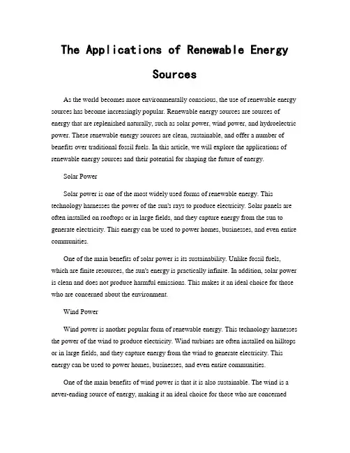 The Applications of Renewable Energy Sources