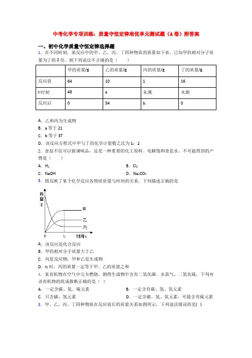 中考化学专项训练：质量守恒定律培优单元测试题(A卷)附答案