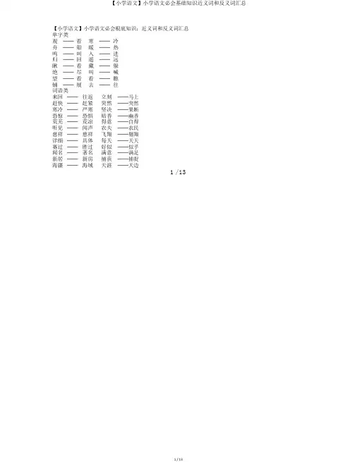 【小学语文】小学语文必会基础知识近义词和反义词汇总