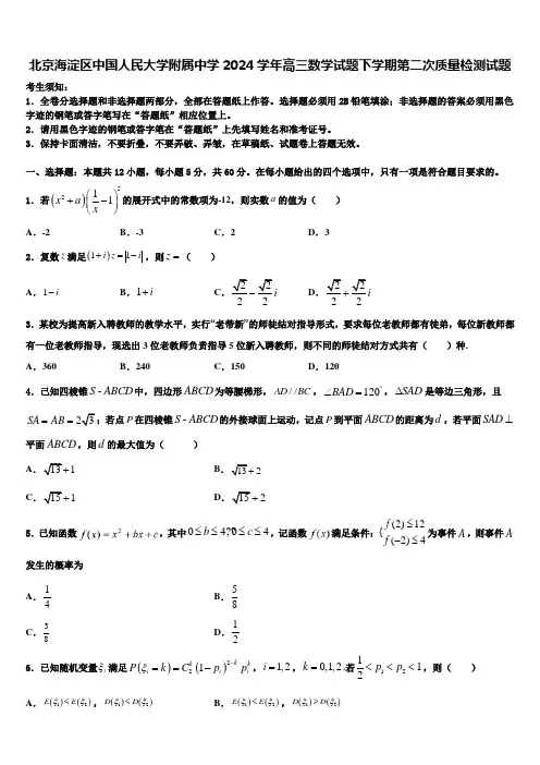 北京海淀区中国人民大学附属中学2024学年高三数学试题下学期第二次质量检测试题