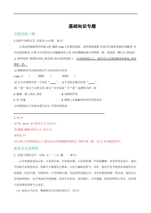 安徽省2019年中考语文模拟试卷精选汇编：基础知识专题